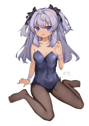 Rule 34 | 1girl, absurdres, bare shoulders, black pantyhose, blue leotard, breasts, chinese commentary, cleavage, commentary request, covered navel, highres, indie virtual youtuber, leotard, long hair, original, pantyhose, playboy bunny, purple eyes, purple hair, ribbon, shanoa (vtuber), simple background, sitting, small breasts, smile, solo, strapless, strapless leotard, two side up, virtual youtuber, white background, wrist cuffs, yunmoze