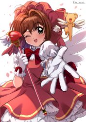 Rule 34 | 1girl, absurdres, blush, bow, cardcaptor sakura, child, dress, gloves, green eyes, happy, highres, kero (cardcaptor sakura), kinomoto sakura, magical girl, one eye closed, open mouth, pink dress, pink headwear, red bow, simple background, takatsuki p, white background, white gloves, wings