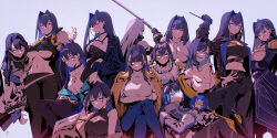 Rule 34 | 6+girls, alternate costume, black gloves, black pants, blue coat, blue eyes, blue hair, breasts, cleavage, clone, coat, commentary, cosplay, crossed arms, crossed legs, denim, doppelganger, glasses, gloves, hair intakes, headband, highres, hololive, hololive english, jacket, jeans, large breasts, long hair, long sleeves, looking at viewer, multiple girls, navel, official alternate costume, open clothes, open jacket, open mouth, ouro kronii, ouro kronii (1st costume), ouro kronii (casual), pants, sephiroth, sephiroth (cosplay), shirt, short hair, signature, simple background, smile, sword, taka t, virtual youtuber, walkie-talkie, weapon, white shirt