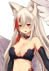 Rule 34 | 1girl, :d, animal ear fluff, animal ears, arm at side, bare shoulders, black bra, black gloves, blush, bra, breasts, cleavage, collarbone, elbow gloves, eyes visible through hair, feathered wings, female focus, fox ears, gem, gloves, hair between eyes, happy, jewelry, large breasts, long hair, looking at viewer, multicolored hair, neck, necklace, open mouth, orange eyes, original, red gemstone, red hair, revealing clothes, shiny skin, simple background, smile, solo, strapless, strapless bra, two-tone hair, two side up, underwear, upper body, white background, white hair, white wings, wings, yoshizawa tsubaki