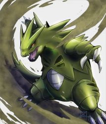 Rule 34 | claws, creatures (company), dust, game freak, gen 2 pokemon, looking at viewer, nintendo, no humans, open mouth, pokemon, pokemon (creature), serious, simple background, solo, standing, tail, tyranitar, wind, zaebos