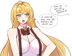 Rule 34 | 1girl, alternate breast size, bell, black bow, blonde hair, blush, bow, breasts, cleavage, cleavage cutout, clothing cutout, collared shirt, commentary request, highres, large breasts, long hair, millie parfait, neck bell, nijisanji, nijisanji en, open mouth, shirt, simple background, sleeveless, sleeveless shirt, solo, speech bubble, suspenders, tagalog commentary, tagalog text, translation request, upper body, virtual youtuber, white background, white shirt, zeelay