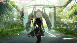 Rule 34 | 1girl, black dress, boots, chromatic aberration, dress, feather-trimmed sleeves, from behind, glowing, glowing eyes, grass, highres, holding, holding sword, holding weapon, light particles, nier (series), nier:automata, outdoors, overgrown, pod (nier:automata), red eyes, robot, short hair, silver hair, sword, tarbo (exxxpiation), thigh boots, thighhighs, weapon, weapon on back, 2b (nier:automata)