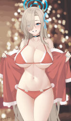Rule 34 | 1girl, :d, absurdres, alternate costume, asuna (blue archive), bare shoulders, bikini, blue archive, blue eyes, blurry, bow, breasts, brown hair, choker, christmas, cleavage, collarbone, commentary request, depth of field, eyes visible through hair, hair bow, hair over one eye, hair ribbon, halo, highres, large breasts, long hair, looking at viewer, mole, mole on breast, navel, open mouth, red bikini, ribbon, santa costume, side-tie bikini bottom, sidelocks, sleeveless, smile, solo, spaghetti strap, stomach, swimsuit, twitter username, undressing, ying yanyu