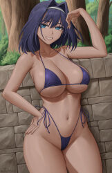 Rule 34 | 1girl, bare shoulders, bikini, blue bikini, blue eyes, blue hair, blush, breasts, cleavage, collarbone, grin, hair intakes, hairband, highleg, highleg bikini, highres, hololive, hololive english, large breasts, looking at viewer, navel, ouro kronii, short hair, skindentation, smile, solo, swimsuit, thighs, tree, virtual youtuber, zaphn