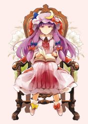 Rule 34 | 1girl, :o, azuma aya, blue bow, blunt bangs, book, bow, chair, collar, crescent, crescent hat ornament, dress, frilled collar, frills, hair bow, hat, hat bow, hat ornament, highres, long hair, long sleeves, mob cap, official art, patchouli knowledge, purple dress, purple eyes, purple hair, purple hat, red bow, ribbon-trimmed collar, ribbon trim, sitting, solo, strange creators of outer world, striped clothes, striped dress, third-party source, touhou, vertical-striped clothes, vertical-striped dress, white footwear, yellow bow