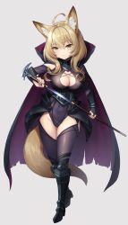 Rule 34 | 1girl, ahoge, animal ear fluff, animal ears, arm guards, armor, armored boots, azure-maya, blonde hair, boots, breasts, cape, cleavage, cleavage cutout, closed mouth, clothing cutout, commission, concealed weapon, detached sleeves, fox ears, fox girl, fox tail, full body, grey background, hair between eyes, highleg, highleg leotard, highres, holding, holding sword, holding weapon, hood, hooded cape, knee boots, large breasts, leotard, long hair, looking at viewer, o-ring, original, pixiv commission, purple leotard, purple thighhighs, sheath, sidelocks, simple background, smile, solo, standing, sword, sword cane, tail, thighhighs, thighhighs under boots, unsheathing, weapon, yellow eyes