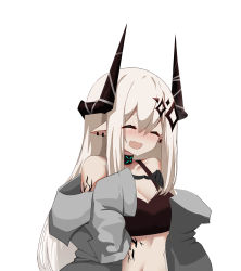 Rule 34 | 1girl, :d, ^ ^, absurdres, arknights, bare shoulders, black choker, blush, breasts, choker, cleavage, closed eyes, commentary, crop top, fang, grey jacket, hair between eyes, highres, horns, huizhiyin, infection monitor (arknights), jacket, long hair, material growth, midriff, mudrock (arknights), nose blush, off shoulder, open clothes, open jacket, open mouth, oripathy lesion (arknights), pointy ears, silver hair, simple background, skin fang, smile, solo, sports bra, stomach, upper body, white background