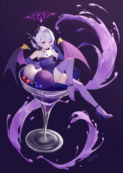 Rule 34 | 1girl, absurdres, artist name, black horns, blue archive, blush, closed mouth, cup, dangle earrings, demon horns, demon wings, dress, earrings, elbow gloves, full body, gloves, gradient background, grey hair, halo, highres, hina (blue archive), hina (dress) (blue archive), horns, jewelry, long hair, multiple horns, necklace, official alternate costume, official alternate hairstyle, pendant, purple dress, purple eyes, purple gloves, purple thighhighs, purple wings, signature, smile, solo, strapless, strapless dress, thighhighs, wings, xgao