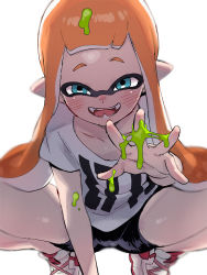 Rule 34 | 1girl, bike shorts, blue eyes, blush, commentary request, domino mask, fangs, inkling, inkling girl, inkling player character, long hair, mask, nintendo, orange hair, pointy ears, shirt, shoes, short sleeves, simple background, sneakers, solo, splatoon (series), squatting, t-shirt, teeth, tentacle hair, ter (otokoter), white background, white footwear, white shirt
