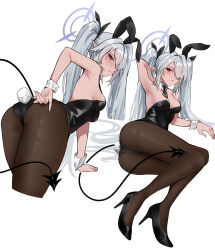 Rule 34 | 1girl, animal ears, armpits, ass, black leotard, blue archive, breasts, dark-skinned female, dark skin, detached collar, fake animal ears, grey hair, hair over one eye, halo, high heels, iori (blue archive), leotard, long hair, looking at viewer, looking to the side, medium breasts, necktie, pantyhose, playboy bunny, pointy ears, rabbit ears, rabbit tail, red eyes, shigure s, strapless, strapless leotard, tail, twintails, wrist cuffs