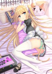 Rule 34 | 1girl, animal ear fluff, animal ears, apron, ass, bed sheet, black dress, black footwear, blonde hair, blush, breasts, cat ears, cat girl, cat-shaped pillow, cat tail, commentary request, curtains, dress, frilled apron, frills, full body, green eyes, green panties, hajime kaname, highres, long hair, looking at viewer, lying, maid, maid headdress, mary janes, no shoes, hugging object, on side, original, panties, parted lips, petals, pillow, pillow hug, puffy short sleeves, puffy sleeves, shoes, unworn shoes, short sleeves, small breasts, solo, tail, tears, thighhighs, transparent, two side up, underwear, v-shaped eyebrows, very long hair, waist apron, white apron, white thighhighs, wrist cuffs