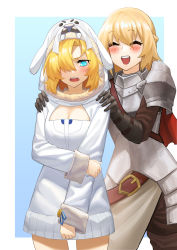 Rule 34 | 2girls, absurdres, animal costume, annoyed, armor, asymmetrical hair, blonde hair, blue eyes, blush, breasts, cape, cleavage, female knight (guardian tales), future princess, gloves, guardian tales, highres, hood, medium breasts, multiple girls, official alternate costume, open mouth, short hair, simple background, sipeiren, smile