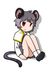Rule 34 | 1girl, animal ear fluff, animal ears, blush, capelet, commentary request, cookie (touhou), dress, expressionless, full body, grey dress, grey footwear, grey hair, highres, kakusou, kofji (cookie), long sleeves, looking at viewer, medium bangs, mouse ears, mouse girl, mouse tail, nazrin, open mouth, red eyes, shadow, shirt, shoes, short hair, simple background, sitting, socks, solo, tail, touhou, white background, white capelet, white shirt, white socks