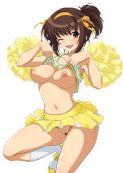 Rule 34 | 1girl, alternate hairstyle, bar censor, breasts, brown eyes, brown hair, censored, cheerleader, clothes lift, crop top, female focus, hairband, haruhisky, lifting own clothes, miniskirt, nipples, no bra, no panties, one eye closed, pom pom (cheerleading), pussy, shirt lift, short hair, short ponytail, simple background, skirt, solo, standing, standing on one leg, suzumiya haruhi, suzumiya haruhi no yuuutsu, thighs, white background, yellow skirt