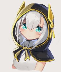 Rule 34 | 1girl, aqua eyes, ars almal, black capelet, blush stickers, breasts, capelet, closed mouth, cropped torso, grey background, hair between eyes, hood, hood up, hooded capelet, looking at viewer, medium breasts, moti yousei, nijisanji, shirt, silver hair, simple background, solo, upper body, virtual youtuber, white shirt