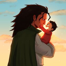 Rule 34 | 2boys, abrilk, aged down, baby, black hair, cape, commentary, english commentary, father and son, green cape, highres, holding baby, long hair, male focus, monkey d. dragon, monkey d. luffy, multiple boys, one piece, open mouth, pajamas, profile, red pajamas, shirt, sidelocks, smile, sunset, tears, upper body, white shirt