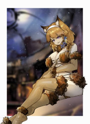 Rule 34 | 1girl, absurdres, alternate color, animal costume, animal ears, blurry, border, braid, breasts, brown gloves, cleavage, cosplay, depth of field, earrings, elbow gloves, fate/grand order, fate (series), feather earrings, feathers, fur-trimmed gloves, fur-trimmed legwear, fur collar, fur trim, gloves, hairband, halloween, halloween costume, highres, hololive, hololive english, holomyth, jewelry, knee up, lace, lace-trimmed legwear, lace trim, large breasts, legs, long hair, mash kyrielight, mash kyrielight (dangerous beast), mash kyrielight (dangerous beast) (cosplay), meme attire, night, night sky, official alternate costume, orange hair, outdoors, pink eyes, sky, solo, takanashi kiara, thighhighs, twin braids, underboob, virtual youtuber, vyragami, white border, wolf costume, wolf ears