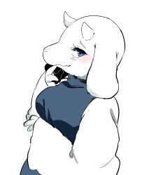 Rule 34 | 1girl, blue dress, blue eyes, blush, closed mouth, commentary request, dress, eyelashes, finger to own chin, floppy ears, furry, furry female, goat, highres, horns, long sleeves, looking at viewer, suzune hapinesu, toriel, turtleneck, turtleneck dress, undertale, upper body, wavy mouth, white background, white sleeves, wide sleeves