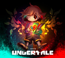 Rule 34 | ;), androgynous, artist name, black sclera, blood, bloody knife, bloody tears, bloody weapon, brown hair, chara (undertale), colored sclera, copyright name, dripping, dual persona, fiery wings, frisk (undertale), full body, gender request, heart, knife, looking at viewer, one eye closed, red eyes, shirt, shoe soles, shorts, smile, split theme, spoilers, striped clothes, striped shirt, sueyen, undertale, weapon, wings