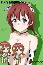 Rule 34 | 1girl, animal ears, animal print, artist name, audirenze, bare shoulders, bell, blue eyes, braid, breasts, brown hair, censored, censored nipples, character censor, choker, closed mouth, cow ears, cow print, emma verde, freckles, hairband, highres, large breasts, looking at viewer, love live!, love live! nijigasaki high school idol club, novelty censor, patreon, pixiv fanbox, short hair, smile, solo, topless, twin braids