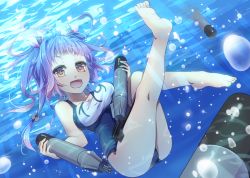 Rule 34 | 10s, 152971, 1girl, :d, bad id, bad pixiv id, bare legs, bare shoulders, barefoot, blue hair, breasts, bubble, fang, feet, hair ornament, hair ribbon, i-19 (kancolle), kantai collection, katee, large breasts, leg up, looking at viewer, name tag, one-piece swimsuit, open mouth, red eyes, ribbon, school swimsuit, smile, solo, star-shaped pupils, star (symbol), submerged, swimsuit, symbol-shaped pupils, tri tails, underwater