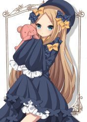 Rule 34 | 1girl, abigail williams (fate), absurdres, black bow, black dress, black hat, blonde hair, bloomers, blue eyes, blush, bow, bug, butterfly, dress, fate/grand order, fate (series), forehead, hair bow, hat, head tilt, highres, holding, holding stuffed toy, insect, long hair, long sleeves, looking at viewer, orange bow, parted bangs, parted lips, polka dot, polka dot bow, sapphire (sapphire25252), sleeves past fingers, sleeves past wrists, solo, stuffed animal, stuffed toy, teddy bear, underwear, very long hair, white bloomers