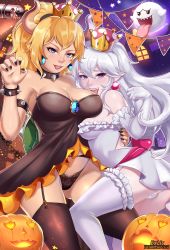 Rule 34 | 2girls, armlet, ass, back cutout, black collar, black dress, black legwear, black nails, black panties, blonde hair, blue eyes, boo (mario), bowsette, bracelet, breast rest, breasts, chain, cleft of venus, clothing cutout, collar, colored tongue, crown, dress, earrings, exlic, fingernails, frilled dress, frilled gloves, frills, garter belt, garter straps, gem, gloves, hair between eyes, halloween, hand on another&#039;s back, heart, heart-shaped eyes, highres, horns, hug, jack-o&#039;-lantern, jewelry, large breasts, leg between thighs, long hair, luigi&#039;s mansion, mario (series), multiple girls, nail polish, new super mario bros. u deluxe, nintendo, open mouth, panties, pointy ears, ponytail, princess king boo, pumpkin, purple tongue, revealing clothes, sharp fingernails, sharp teeth, spiked armlet, spiked bracelet, spiked collar, spiked shell, spikes, star (symbol), strapless, strapless dress, super crown, teeth, thighhighs, tongue, tongue out, turtle shell, underwear, very long hair, white dress, white gloves, white hair, white legwear, white panties, yuri