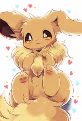 Rule 34 | animal focus, blush, brown eyes, choko (sweetpocket), creatures (company), eevee, fang, floppy ears, game freak, gen 1 pokemon, heart, highres, large ears, nintendo, no humans, open mouth, pawpads, pokemon, pokemon (creature), simple background, smile, solo, white background