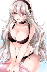 Rule 34 | 1girl, :d, alternate costume, bikini, black bikini, black choker, black hairband, breasts, choker, cleavage, commentary request, corrin (female) (fire emblem), corrin (fire emblem), cowboy shot, fire emblem, fire emblem fates, grey hair, hairband, highres, kirishima riona, large breasts, long hair, looking at viewer, navel, nintendo, open mouth, pointy ears, red eyes, smile, solo, standing, stomach, swimsuit, thighs, very long hair