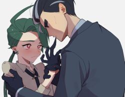 Rule 34 | 1boy, 1girl, ahoge, biting, black gloves, black hair, black necktie, bright pupils, closed mouth, collared shirt, creatures (company), earrings, game freak, glove biting, gloves, green hair, grey eyes, grey hair, grey jacket, grey shirt, hetero, highres, jacket, jewelry, larry (pokemon), long hair, long sleeves, multicolored hair, necktie, nintendo, pokemon, pokemon sv, ponytail, red eyes, rika (pokemon), shirt, streaked hair, tomato 0429, white pupils