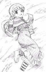 Rule 34 | 1girl, aki (girls und panzer), beanie, boots, brooch, dress, finnish clothes, frilled dress, frills, fringe trim, girls und panzer, graphite (medium), greyscale, hat, highres, jewelry, leg up, long dress, long sleeves, looking at viewer, makicha (sasurainopink), monochrome, open mouth, shawl, short hair, short twintails, sketch, smile, solo, standing, standing on one leg, striped clothes, striped dress, traditional media, twintails, vertical-striped clothes, vertical-striped dress