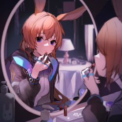 Rule 34 | 1girl, absurdres, amiya (arknights), animal ears, applying makeup, arknights, ascot, black jacket, blue ascot, blue collar, blue eyes, breasts, brown hair, collar, commentary, dingding (chongsangjun), female focus, hair between eyes, highres, infection monitor (arknights), jacket, jewelry, lamp, lips, lipstick, long hair, looking at viewer, makeup, medium breasts, mirror, multiple rings, open clothes, open jacket, rabbit ears, reflection, ring, shirt, soap dispenser, solo, symbol-only commentary, table, thumb ring, upper body, white shirt