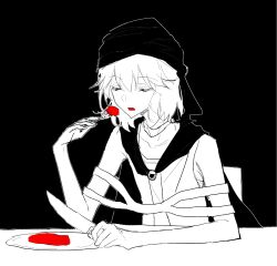 Rule 34 | 1other, androgynous, black background, cape, cine hamal, closed eyes, fork, fuluola xiaoyao, greyscale, highres, holding, holding fork, holding knife, knife, kuzu suzumi, len&#039;en, monochrome, open clothes, open mouth, open vest, other focus, outline, shirt, short hair, simple background, sketch, sleeveless, sleeveless shirt, solo, spot color, turban, vest, white outline