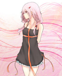 Rule 34 | 10s, 1girl, arms behind back, bare legs, bare shoulders, black dress, collarbone, dress, guilty crown, hair ornament, hairclip, kou mashiro, lace, lace-trimmed dress, lace trim, long hair, looking away, low twintails, pink background, pink eyes, pink hair, ribbon, smile, solo, twintails, yuzuriha inori