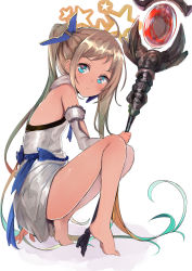 Rule 34 | 10s, 1girl, ahoge, bad id, bad pixiv id, barefoot, blonde hair, blue ribbon, blush, detached sleeves, dress, from side, full body, granblue fantasy, hair ribbon, highres, holding, holding staff, io (granblue fantasy), long hair, looking at viewer, marisayaka, ribbon, simple background, sketch, solo, staff, star (symbol), tan, twintails, very long hair, white background, white dress