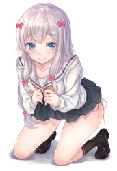 Rule 34 | 1girl, aimee (emi), bad id, bad pixiv id, black footwear, black socks, blouse, blue eyes, blush, bow, closed mouth, clothes lift, commentary request, eromanga sensei, hair bow, hands up, izumi sagiri, kneehighs, kneeling, lifted by self, loafers, long hair, looking at viewer, panties, pink bow, pink panties, revision, school uniform, serafuku, shirt, shoes, side-tie panties, side-tie peek, silver hair, skirt, skirt lift, socks, solo, thighs, underwear, white shirt