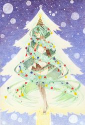 Rule 34 | 1girl, absurdly long hair, absurdres, bad id, bad pixiv id, boots, christmas, christmas ornaments, christmas tree, closed eyes, color ink (medium), colored pencil (medium), full body, graphite (medium), green hair, hand on own chest, hat, hatsune miku, highres, long hair, necktie, sirokoucha, skirt, snow, solo, star (symbol), thigh boots, thighhighs, traditional media, twintails, very long hair, vocaloid