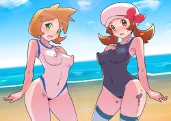 Rule 34 | 2girls, armpits, asymmetrical hair, bare legs, beach, blush, bodypaint, breasts, brown eyes, brown hair, completely nude, covered erect nipples, cowboy shot, creatures (company), female pubic hair, game freak, gen 2 pokemon, gen 4 pokemon, green eyes, gym leader, hat, highres, legs, lyra (pokemon), masamu (leonore69), medium breasts, misty (pokemon), multiple girls, navel, nintendo, nipples, nude, open mouth, orange hair, outdoors, painted clothes, perky breasts, pokemon, pokemon hgss, pubic hair, short hair, thick thighs, thighs, twintails