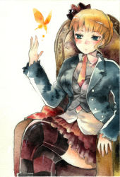 Rule 34 | 00s, 1girl, armchair, beatrice (umineko), black thighhighs, blue eyes, blue jacket, blunt bangs, blush, bug, butterfly, buttons, chair, expressionless, hanokage, insect, jacket, long sleeves, necktie, pink necktie, simple background, solo, thighhighs, umineko no naku koro ni, white background, zettai ryouiki