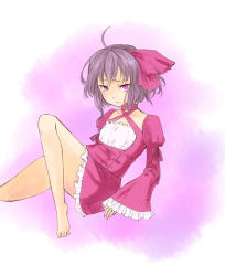 Rule 34 | 1girl, ahoge, bad id, bad pixiv id, barefoot, bow, breasts, dress, frilled dress, frilled sleeves, frills, hair bow, legs, long sleeves, miso dengaku (donadonaton), original, pink dress, pink eyes, purple hair, red bow, sitting, small breasts, solo, toes, wide sleeves