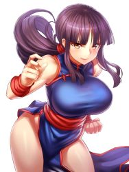 Rule 34 | 1girl, armband, black hair, blunt bangs, blush, breasts, chi-chi (dragon ball), china dress, chinese clothes, clenched teeth, contrapposto, dragon ball, dragonball z, dress, female focus, fighting stance, large breasts, long hair, looking at viewer, no panties, simple background, sleeveless, smile, solo, stance, standing, teeth, white background, yapo (croquis side), yellow eyes