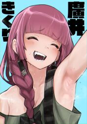 1girl arm_up armpits black_bow blunt_bangs blush bocchi_the_rock! bow braid closed_eyes dress green_dress hair_bow hair_over_shoulder haishima_xv highres hiroi_kikuri long_hair off_shoulder open_mouth purple_hair sharp_teeth single_braid single_off_shoulder smile solo sweat teeth