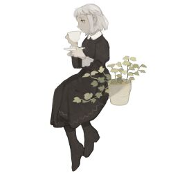 Rule 34 | 1girl, black dress, black footwear, black sleeves, blunt ends, boots, brown eyes, buckle, closed mouth, coat, collared dress, cup, dark-skinned female, dark skin, dress, drinking, expressionless, full body, highres, holding, holding cup, holding saucer, leaf, light frown, long dress, long sleeves, original, plant, pleated skirt, potted plant, saucer, short hair, simple background, sitting, skirt, solo, teacup, tono (rt0no), white background, white coat, white hair