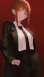 Rule 34 | 1girl, black necktie, black pants, braid, braided ponytail, breasts, chainsaw man, collared shirt, formal, gradient background, highres, long sleeves, looking at viewer, makima (chainsaw man), medium breasts, medium hair, necktie, pants, red background, red hair, ringed eyes, shirt, smile, solo, suit, vennie, white shirt, yellow eyes