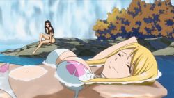 Rule 34 | 2girls, animated, animated gif, bare shoulders, barefoot, bikini, black hair, blonde hair, breasts, cana alberona, cleavage, closed eyes, fairy tail, female focus, happy, large breasts, long hair, lucy heartfilia, multiple girls, navel, screencap, swimsuit, talking, tattoo, twintails, water