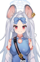 Rule 34 | 1girl, absurdres, animal ears, blue archive, blue bow, blue dress, bow, breasts, dress, ear tag, grey hair, grin, hair bow, halo, highres, long hair, looking at viewer, medium breasts, mouse ears, red eyes, saya (blue archive), sbbs, short eyebrows, simple background, smile, solo, two side up, white background