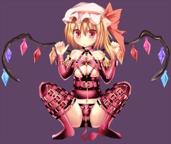 Rule 34 | 1girl, anal tail, bdsm, blonde hair, blush, bondage, boots, bound, breasts, butt plug, collar, crotchless, cuffs, demon tail, elbow gloves, fake tail, female focus, flandre scarlet, frogtie, gloves, harness, hat, kimamani, nipple slip, nipples, pussy, red eyes, sex toy, solo, tail, thighhighs, touhou, uncensored