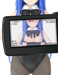 Rule 34 | 1girl, blue hair, blurry, blush, breasts, breasts out, camera, choker, fishnet pantyhose, fishnets, food, fruit, hat, hinanawi tenshi, leotard, looking at viewer, momo retasu, nipples, off shoulder, pantyhose, peach, playboy bunny, pussy juice, recording, red eyes, ribbon choker, small breasts, smile, solo, solo focus, touhou