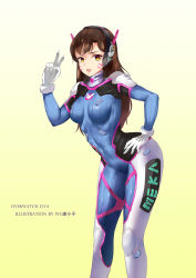 Rule 34 | 1girl, bodysuit, breasts, brown eyes, brown hair, d.va (overwatch), facial mark, hand on own hip, headphones, highres, lips, long hair, open mouth, overwatch, overwatch 1, pilot suit, smile, solo, v, whisker markings, wujia xiaozi